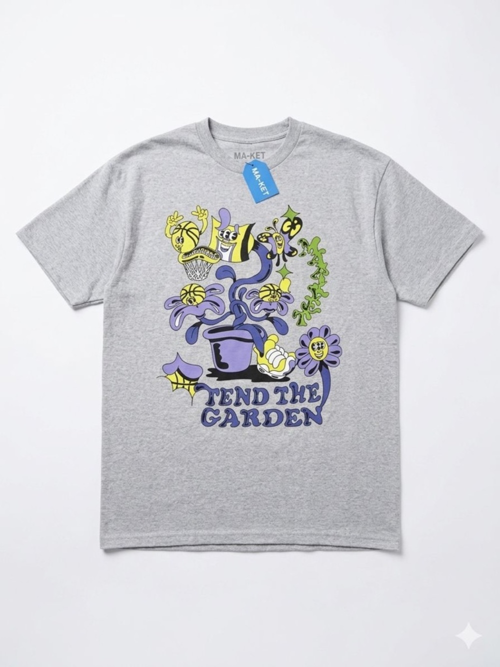 MA-KET Gray Short Sleeve Tee with Purple, Yellow & Green Garden Graphic XL